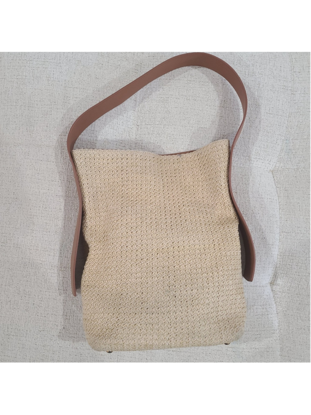 Tuckernuck Beige Straw Shoulder Bag with Brown Leather Strap